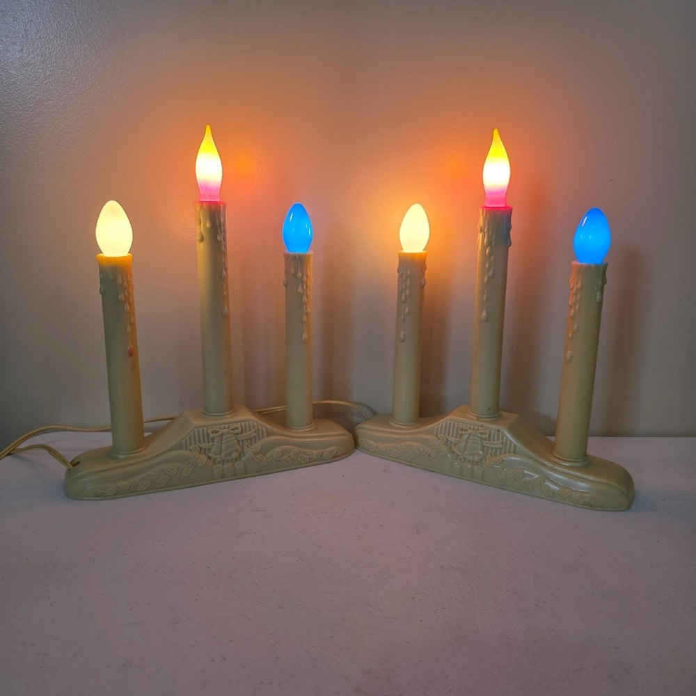 Vintage Christmas Triple Candle Window Candelabra Blow Mold Light Set of 2 Multi